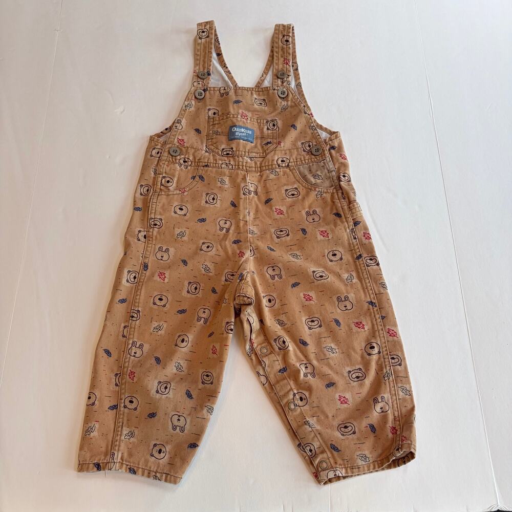 Vintage 2000s Oshkosh Overalls Woodland Forest Animals Leafs Tan Print 24 Months